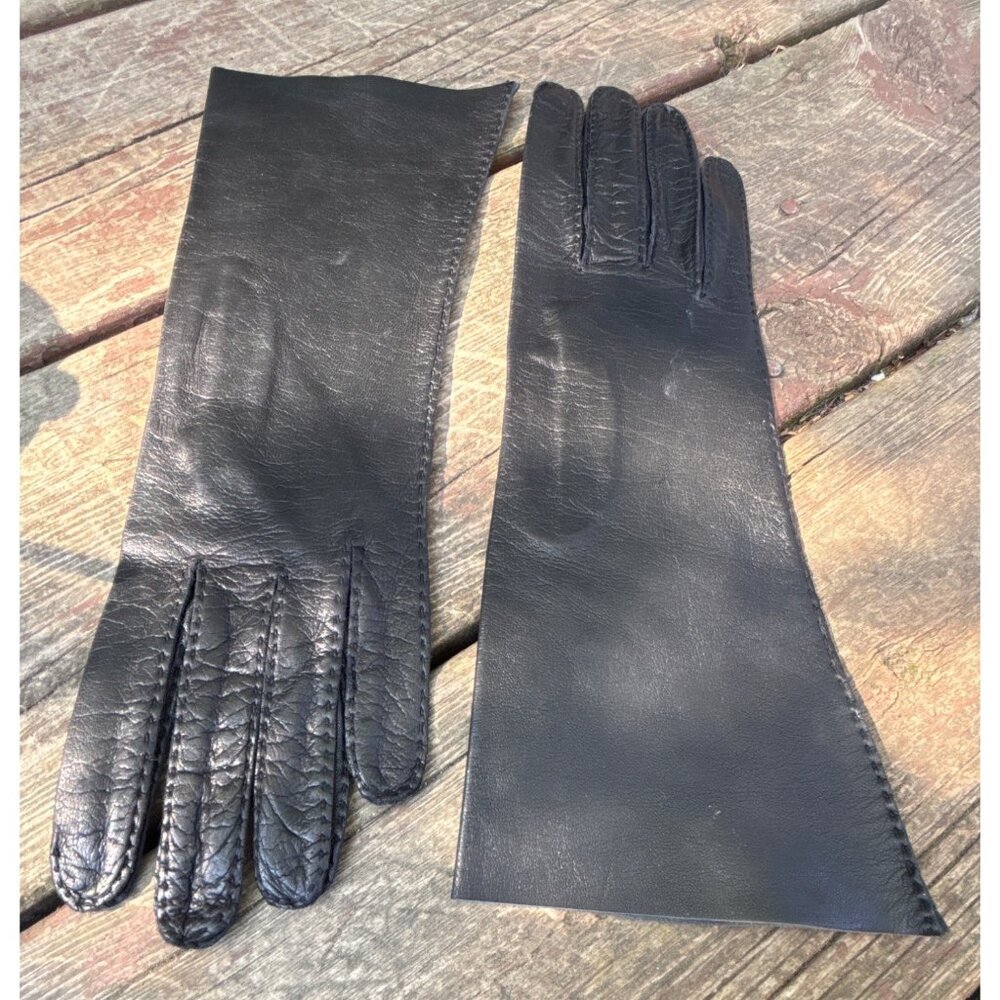 Vintage Leather Women's Long Black Gloves‎ Size 7 France